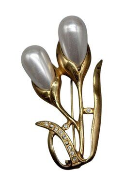 Mi Amore Brooch Calla Lilly Flower Gold Tone Faux Pearl Rhinestone Vintage